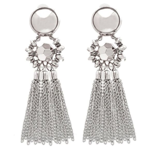 Silver Chandelier Statement Earrings Handmade, Long Bohemian  Long Silver Boho Dangle Chain Tassel Chandelier Statement Clip On Earrings